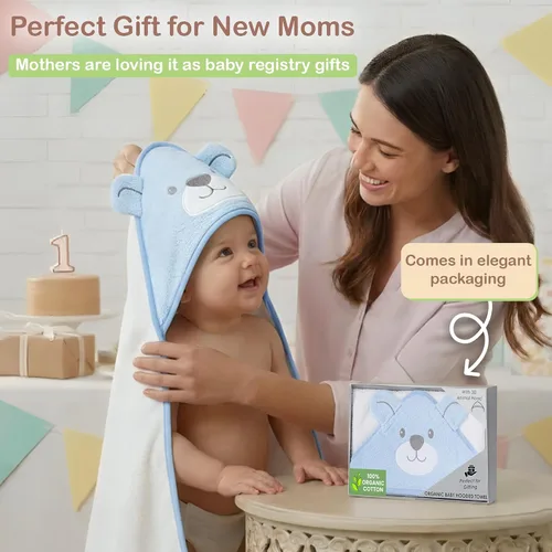 Miniatura 8 de Mother's Choice - Toallas de bebé 100% algodón orgánico con diseño de oso azul, certificado Oeko-TEX, hipoalergénicas, ultra absorbentes, toalla