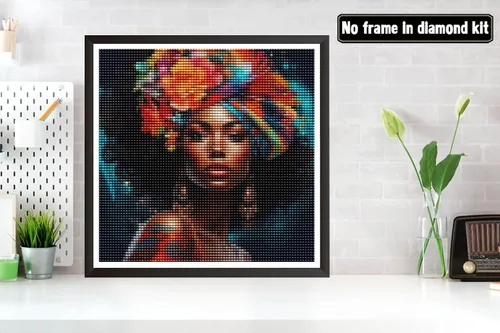 Miniatura 2 de Bimkole Kits de pintura de diamantes 5D, turbante de flores, mujer, taladro completo, mujer africana, juego de bordado de diamantes de imitación