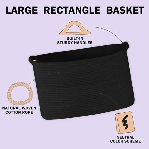 Miniatura 2 de Cesta negra extragrande, contenedor rectangular tejido de 22 x 17 x 12 pulgadas para almacenamiento, cuerda de algodón suave para habitación