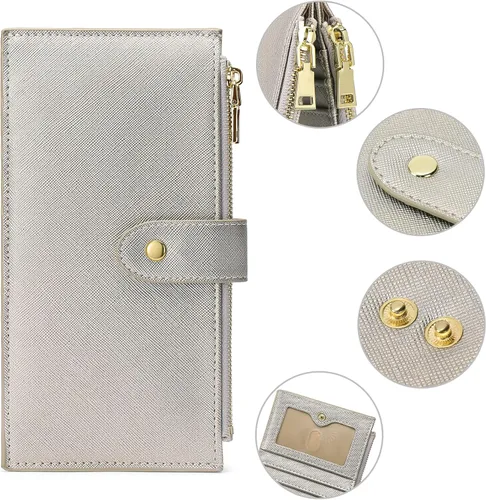Miniatura 4 de GOIACII - Carteras para mujer de dos pliegues con bloqueo RFID y 2 bolsillos con cremallera, Dorado plata, M
