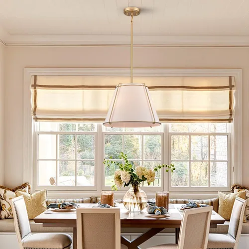 Miniatura 2 de Lámpara Colgante de Cono con Pantalla de Tambor de Tela con Linterna de Metal de 16 Pulgadas, Candelabros Blancos y Dorados para Cocina, Comedor