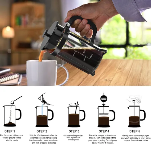 Miniatura 6 de QUQIYSO Cafetera de prensa francesa de acero inoxidable 304 con 4 filtros, resistente al calor, duradera, fácil de limpiar, prensa de café de vidrio