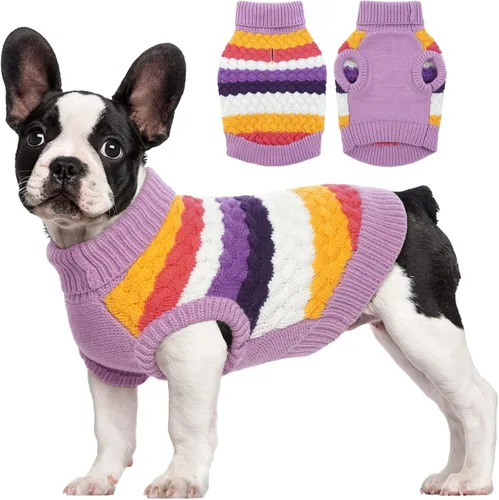 Miniatura 31 de Kuoser Suéter grande para perro, suéteres de punto de cuello alto para perros grandes, rayas coloridas, chaleco de punto para mascotas, ropa cálida