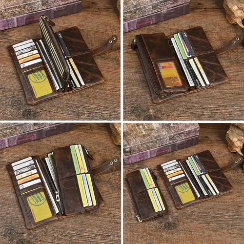 Miniatura 7 de Genuino Caballo Loco Cuero Regalo de Viaje Moneda Bolsillo Tarjetero Organizador Largo Cadena Rfid Cartera Monedero Con Broche Para Hombres Hombres