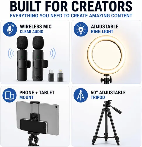 Miniatura 4 de Acuvar Kit de vlogging con trípode de luz de anillo – Kit de creación de contenido para iPhone, Android y tabletas, micrófono, control remoto