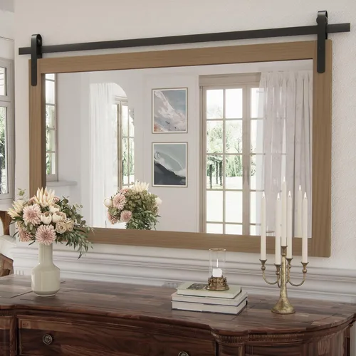 Miniatura 18 de Clavie Espejo de pared rústico con marco de madera horizontal, espejo de baño con marco de madera, espejo decorativo estilo puerta de granero, 22 x