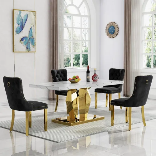 Miniatura 55 de Moderno juego de mesa de comedor de mármol sintético de 68.11 pulgadas para 6, mesa de comedor de mármol blanco y plateado con 6 sillas de Blanco