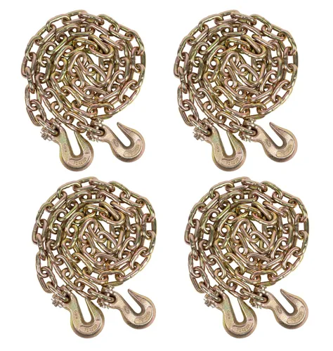 Mytee Products Paquete de 4 cadenas de 3/8 pulgadas x 6 pies de grado 70 con ganchos de agarre de horquilla, cadena de remolque de transporte G70, 4