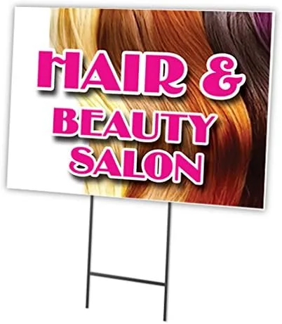 HAIR & BEAUTY SALON - Letrero y estaca de 12 x 16 pulgadas para patio | Anuncia tu negocio | Imagen de doble cara incluida | Fabricado en los