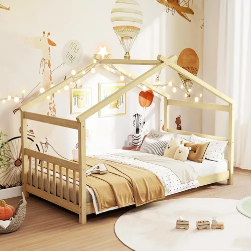 Miniatura 12 de KOMFOTT Cama de Casa de Madera Twin para Niños, Marco de Cama de Piso de Perfil Bajo con Techo, Cabecera y Pie de Cama para Niños y Niñas, No