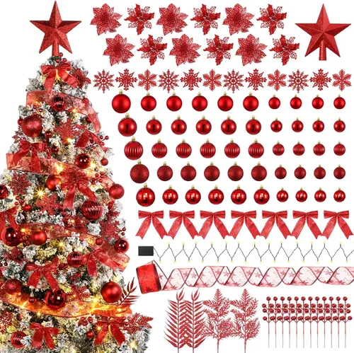 Miniatura 8 de Poen Juego de 108 adornos para árbol de Navidad, incluye bolas para árbol navideño, flor de pascua con purpurina, lazos, bayas, tallos, hojas, copos