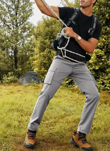 Miniatura 4 de JMIERR Pantalones cargo para hombre, casuales, de algodón, ajuste relajado, cintura elástica, ligeros, con múltiples bolsillos