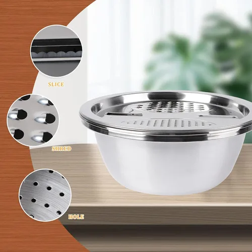 Miniatura 9 de OSALADI Rallador de acero inoxidable 3 en 1, escurridor de verduras, herramienta de cocina multiusos para lavar arroz y cortar verduras, 10.23 x