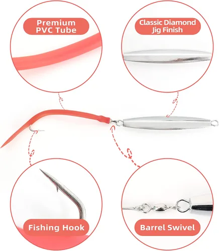 Miniatura 3 de BLUEWING Diamond Jigs - Señuelo de pesca para agua salada, 1 oz, 2 onzas, 3 onzas, 4 onzas, 1 pieza con cola de tubo dividido y gancho de acero Rojo