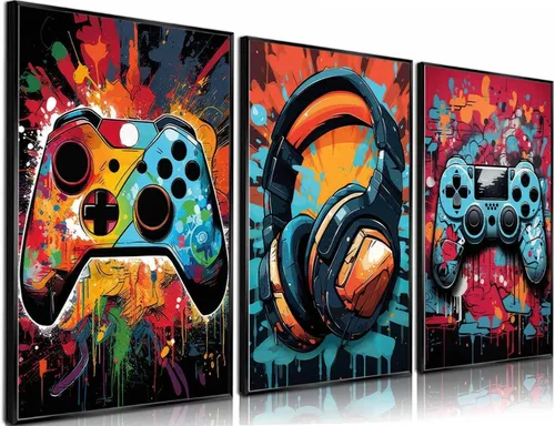 Miniatura 8 de 3 piezas de arte de pared para juegos geniales, pósters de acuarela de videojuegos retro, cuadros coloridos de mando de neón, impresiones de pintura