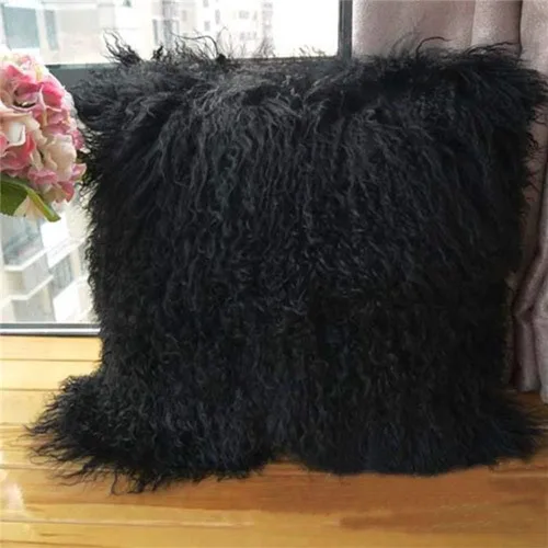 Miniatura 5 de Funda de almohada de piel de cordero mongol tibetano, 100% piel de oveja real, rollo de lana de cordero, cuadrada, decorada para sala de estar, Negro