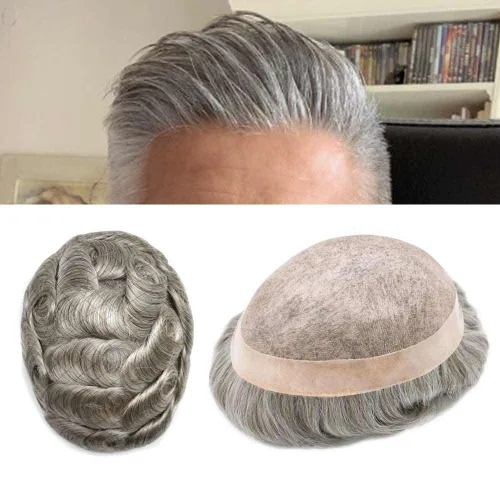 Miniatura 12 de Toupee para hombres sistemas de reemplazo de piezas de cabello humano real, duradero, fino, mono para hombre, tupé, sistema de cabello para hombre