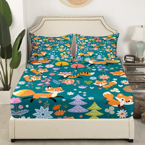 Miniatura 3 de Erosebridal Juego de sábanas de zorro con diseño de flores de arcoíris para niños y niñas, diseño de Foxtoon Animal Boho Floral Sábana bajera