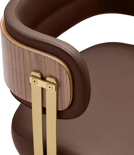 Miniatura 4 de ARTPLAN Mid-Century - Juego de 2 sillas de comedor tapizadas de cuero con chapa de madera de nogal y patas de metal dorado, cojín de espuma de alta