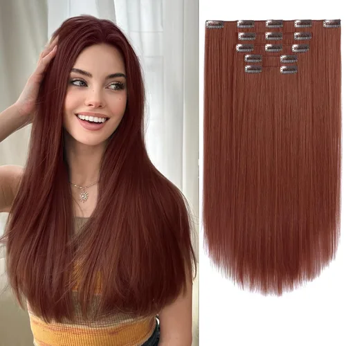 Miniatura 21 de Extensiones de cabello sintético con clip, color burdeos de 18 pulgadas de largo, invisibles, gruesas, extensiones de cabello lacio con clips, 5