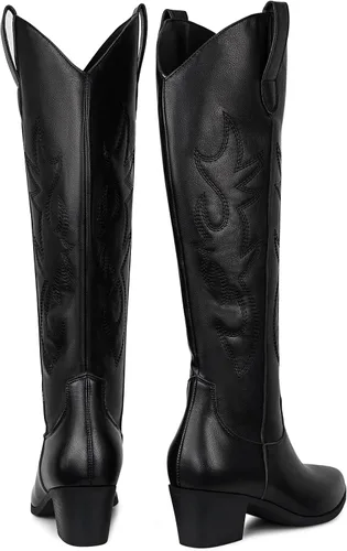 Miniatura 7 de Botas vaqueras bordadas para mujer, botas vaqueras de moda con punta occidental de tacón grueso, botas vaqueras altas hasta la rodilla