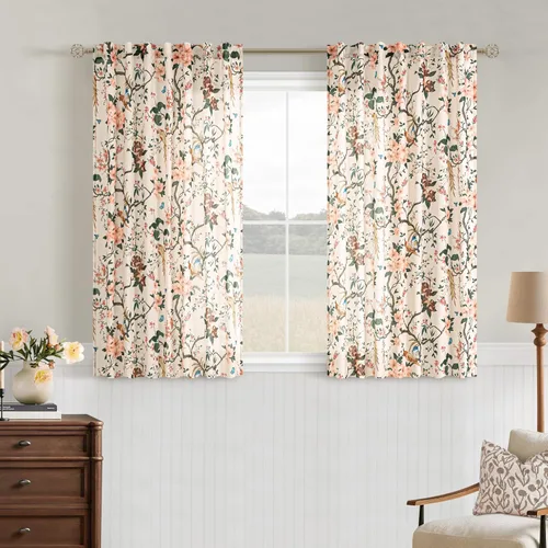 Miniatura 29 de Cortinas de lino florales azules y amarillas, estilo vintage, bohemio, de 63 pulgadas, 2 paneles con pestaña trasera para sala de estar