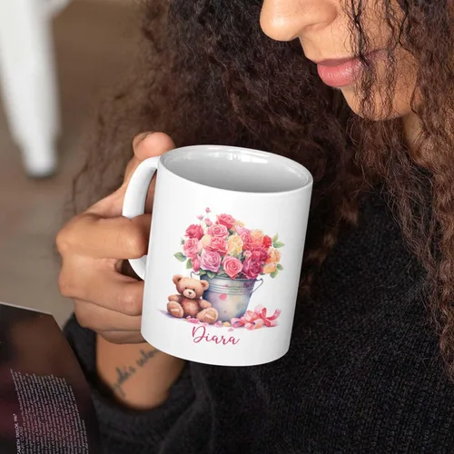 Miniatura 2 de Tazas de cerámica personalizadas del cubo de rosas con nombre, Taza de flores, Taza de café de flores de rosas personalizadas, Taza de té floral