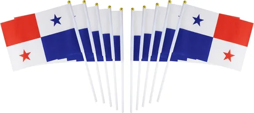 Paquete de 10 banderas panameñas de Panamá en palo de 5 x 8 pulgadas, decoraciones patrióticas, decoración de aula, pequeñas mini banderas en palos,