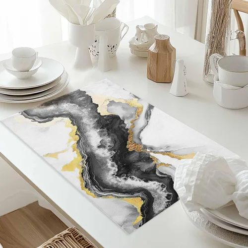 Miniatura 2 de Juego de 1 manteles individuales con textura de mármol de acuarela, tela lavable, moderno, color negro y dorado, mantel individual resistente al