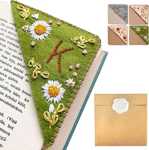 Miniatura 34 de Marcapáginas de esquina bordado a mano personalizado, 26 letras con costura a mano de fieltro, marcapáginas de esquina con bordado de flores lindo