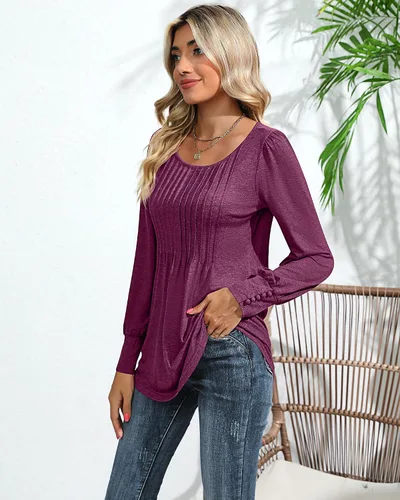 Miniatura 7 de Ficerd Blusa plisada de manga corta abombada para mujer, cuello redondo, elegante, casual, holgada, para primavera y verano