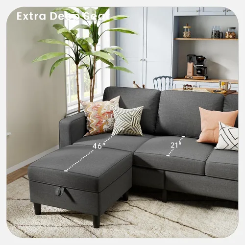 Miniatura 5 de Sofá modular para sala de estar, sofá gris oscuro de 3 plazas en forma de L con otomana de almacenamiento, cómodos sofás seccionales convertibles