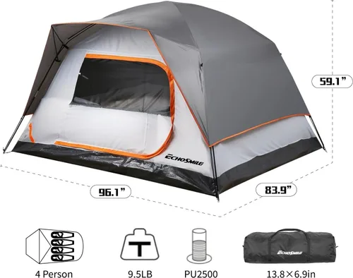 Miniatura 7 de EchoSmile 2/4 Person Camping Tent, Lightweight Dome Family Tent with Rainfly, Easy Setup, Waterproof & Windproof Outdoor Shelter for Group Hiking