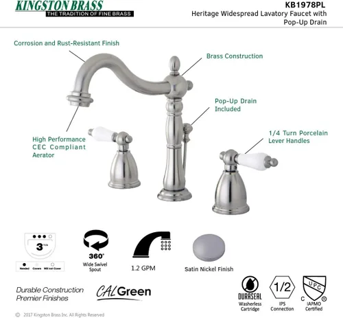 Miniatura 7 de Kingston Brass KB1978PL Heritage - Grifo de lavabo generalizado con mango de palanca de porcelana, níquel cepillado cepillado níquel