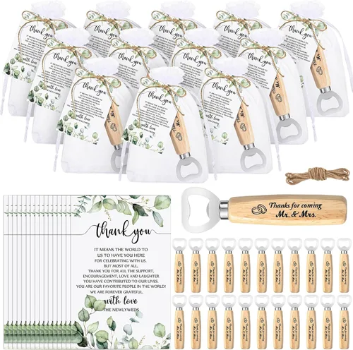 Miniatura 8 de Dandat Juego de 50 recuerdos de boda: abrebotellas, tarjetas de agradecimiento, bolsas de organza y cordel de yute para recuerdos de fiesta