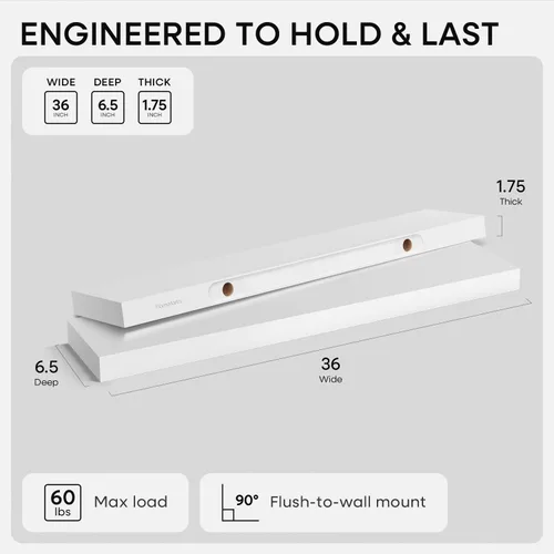 Miniatura 2 de Homeforia Estantes Flotantes Blancos de 36 Pulgadas, Estante Flotante de Madera Real Sólida de Alta Gama de 36 Pulgadas para Montaje en Pared