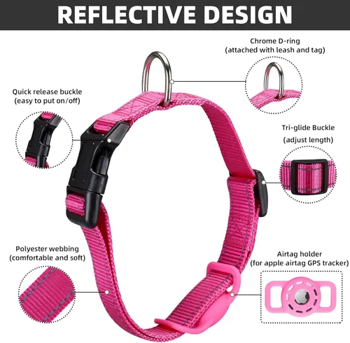 Miniatura 7 de Collar reflectante para perro, compatible con AirTag, collar de nailon para perros pequeños, medianos, grandes y extra grandes Rosado