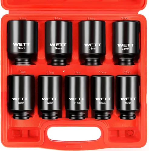 WETT Juego de 9 llaves de vaso de impacto profundo de 1/2 pulgada, 6 puntas, CR-MO, 29-38 mm