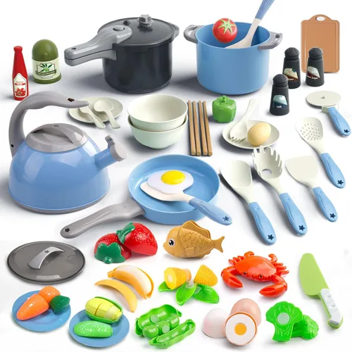 Miniatura 15 de Bruvoalon Juego de 32 juguetes de cocina para niños, accesorios de cocina con ollas, sartenes, utensilios de cocina, alimentos, verduras enlatadas