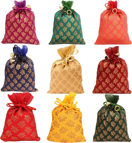 Miniatura 10 de Touchstone Preciosas bolsas de regalo reutilizables, respetuosas con el medio ambiente, brocado de cachemira con cordón grande para cumpleaños