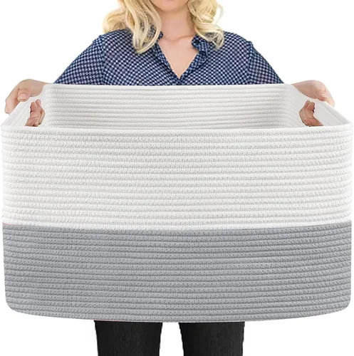 Miniatura 8 de MEGASKET Cesta de almacenamiento grande de color rosa, 22 x 17 x 12 pulgadas, contenedor rectangular de cuerda de algodón para organizar, Blanco