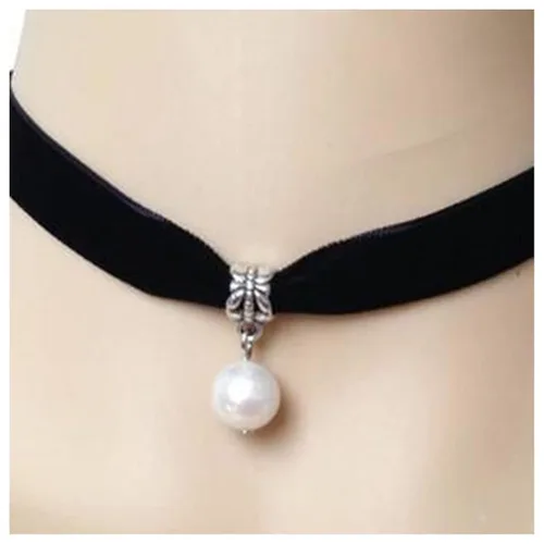 Yheakne Gargantilla de terciopelo de perla bohemia con dije de perla corta, collar negro liso vintage, collar de cinta de terciopelo gótico, collar