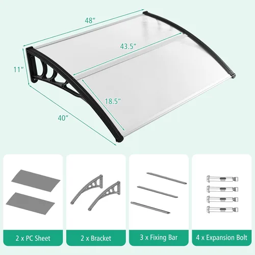 Miniatura 7 de Tangkula Toldo de ventana de 40 x 48 pulgadas, moderno toldo de policarbonato para puerta superior con hoja hueca para protección contra la lluvia