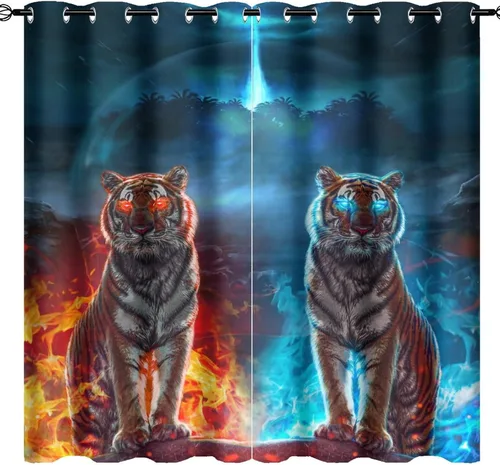 Miniatura 16 de Cool King of The Forest - Cortinas opacas con diseño de tigre anime, fantasía, animal, fuego, tigre, hielo, con ojales, ahorro de energía, 2