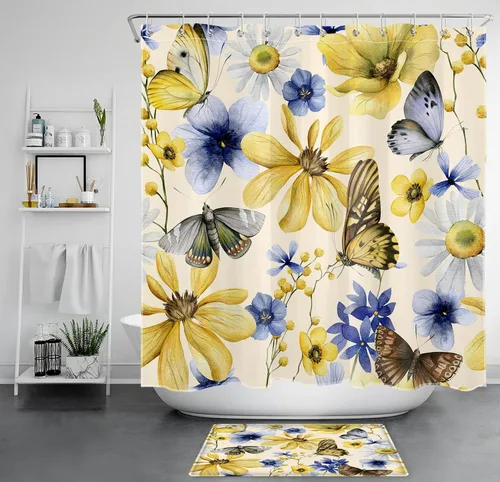 Miniatura 8 de Watercolor Plant Flower Shower Curtain Blue Yellow Floral and Retro Butterfly on Beige Shower Curtain Set for Bathroom Rustic Nature Fabric Bath