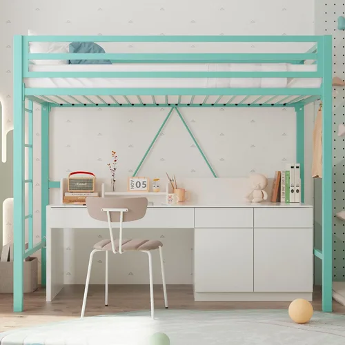 Miniatura 9 de Allewie Cama alta de metal tamaño individual con barandilla y escalera, diseño pequeño que ahorra espacio para dormitorio, habitación de niños