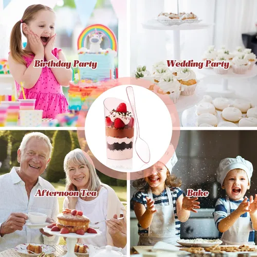 Miniatura 7 de Nuogo 100 mini tazas de postre con cucharas, cuadrados de 3 onzas y 2.5 onzas, inclinadas, redondas, pequeñas, de plástico transparente