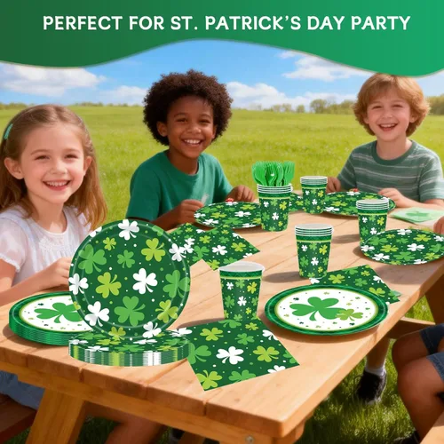 Miniatura 7 de Decoraciones para el Día de San Patricio para 24, suministros de fiesta desechables de trébol con platos llanos, platos de postre, vasos
