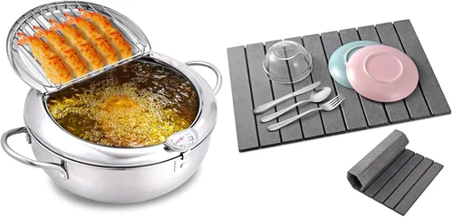 cuomaop Kitchen Master Bundle: freidora de acero inoxidable de 9.4 pulgadas con medidor de temperatura + alfombrilla de secado de diatomita plegable