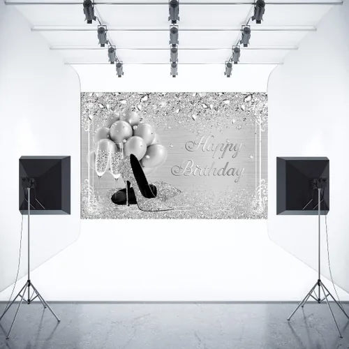 Miniatura 4 de Telón de fondo plateado de 7 x 5 pies, diamantes con brillantina, globos de tacón alto, cristal champán, niñas y mujeres, dulces 16, fondo
